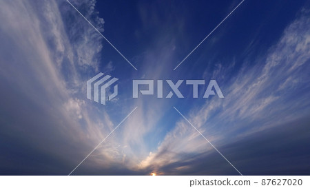 Evening sky with radial upper clouds, winter, spring, super wide angle, 220307pm, sky only 87627020