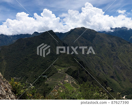 [Peru] Machu Picchu ruins overlooking the mountain trail of Mt. Huayna Picchu 87627390