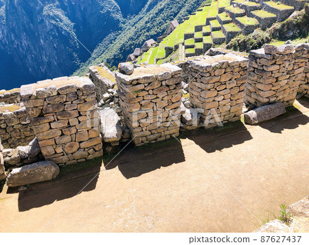 [Peru] Machu Picchu Ruins: Masonry in the work shed area 87627437