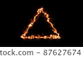 Empty triangle frame with electric power and burning border glowing, burning flame sign. Blank triangle fire with electric power around frame lights. The best stock photo image orange electric power 87627674