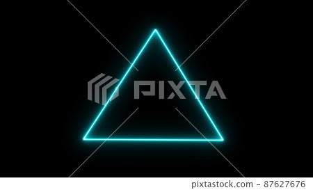 Empty triangle frame with electric power border glowing, burning flame sign. Blank triangle fire with electric power around frame lights. The best stock photo image turquoise electric power 87627676