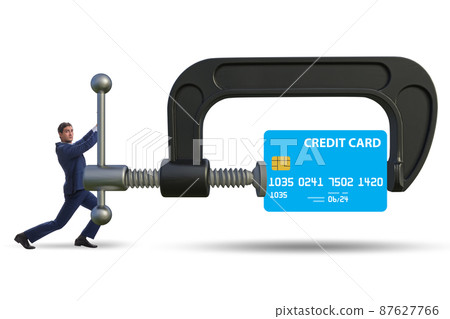 Concept of credit card debt with clamp and businessman Concept of credit card debt with clamp and businessman 87627766