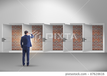 Businessman facing no exit with brick door Businessman facing no exit with brick door 87628616