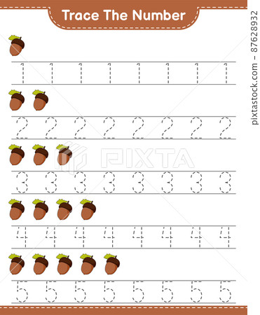 Trace the number. Tracing number with Acorn. Educational children game, printable worksheet, vector illustration 87628932