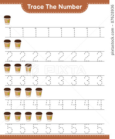 Trace the number. Tracing number with Tea Cup. Educational children game, printable worksheet, vector illustration Trace the number. Tracing number with Tea Cup. Educational children game, printable worksheet, vector illustration 87628936