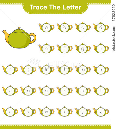 Trace the letter. Tracing letter alphabet with Teapot. Educational children game, printable worksheet, vector illustration 87628960