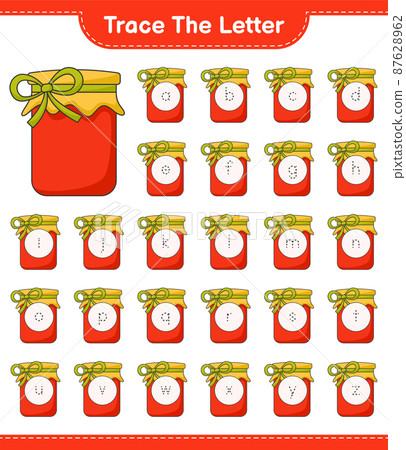 Trace the letter. Tracing letter alphabet with Jam. Educational children game, printable worksheet, vector illustration 87628962