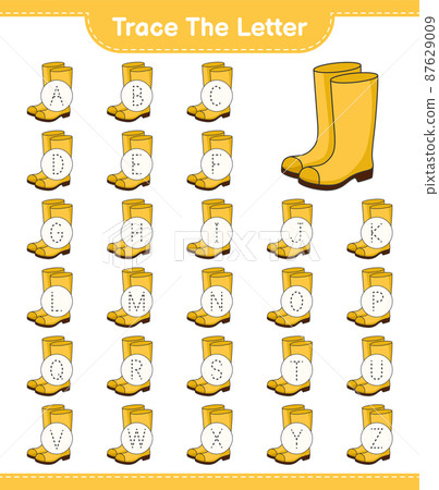 Trace the letter. Tracing letter alphabet with Rubber Boots. Educational children game, printable worksheet, vector illustration 87629009