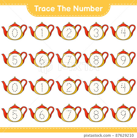 Trace the number. Tracing number with Teapot. Educational children game, printable worksheet, vector illustration Trace the number. Tracing number with Teapot. Educational children game, printable worksheet, vector illustration 87629210