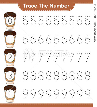 Trace the number. Tracing number with Tea Cup. Educational children game, printable worksheet, vector illustration Trace the number. Tracing number with Tea Cup. Educational children game, printable worksheet, vector illustration 87629231
