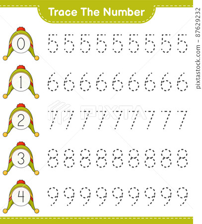 Trace the number. Tracing number with Hat. Educational children game, printable worksheet, vector illustration 87629232
