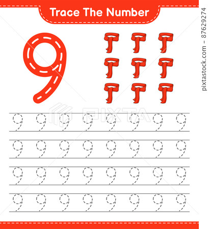 Trace the number. Tracing number with Scarf. Educational children game, printable worksheet, vector illustration 87629274