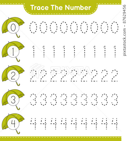 Trace the number. Tracing number with Umbrella. Educational children game, printable worksheet, vector illustration Trace the number. Tracing number with Umbrella. Educational children game, printable worksheet, vector illustration 87629456