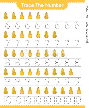 Trace the number. Tracing number with Butternut Squash. Educational children game, printable worksheet, vector illustration Trace the number. Tracing number with Butternut Squash. Educational children game, printable worksheet, vector illustration 87629529