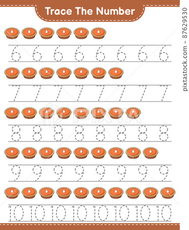 Trace the number. Tracing number with Pie. Educational children game, printable worksheet, vector illustration Trace the number. Tracing number with Pie. Educational children game, printable worksheet, vector illustration 87629530
