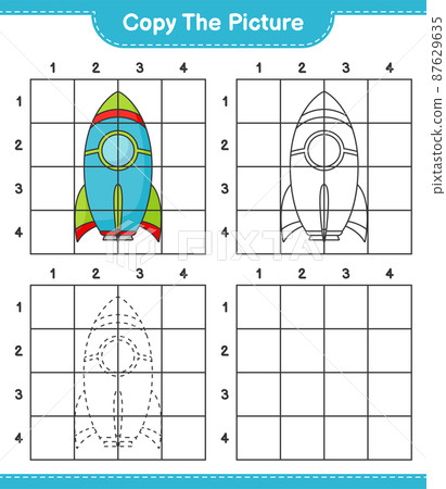 Copy the picture, copy the picture of Rocket using grid lines. Educational children game, printable worksheet, vector illustration 87629635