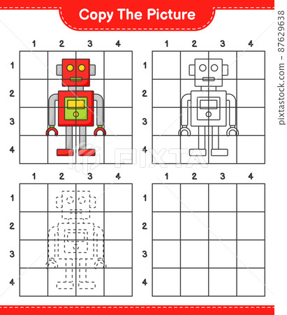 Copy the picture, copy the picture of Robot Character using grid lines. Educational children game, printable worksheet, vector illustration 87629638