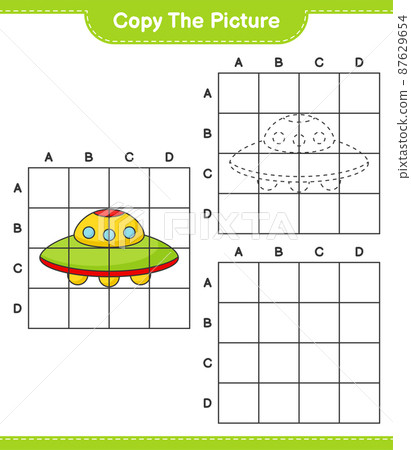 Copy the picture, copy the picture of Ufo using grid lines. Educational children game, printable worksheet, vector illustration 87629654