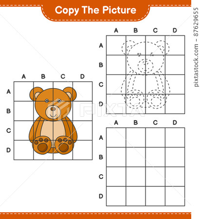 Copy the picture, copy the picture of Teddy Bear using grid lines. Educational children game, printable worksheet, vector illustration 87629655