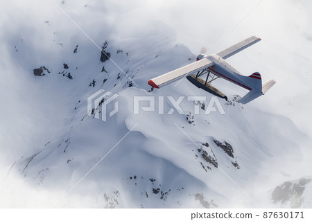 View of Canadian Mountain Landscape with Seaplane Flying. 87630171