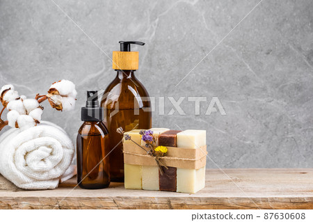 Bathroom table with natural skin care products 87630608