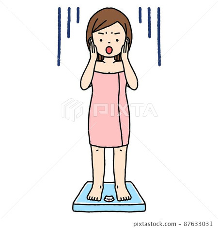 一個穿著浴巾的正常身材的女人被騎在秤上嚇了一跳。 87633031