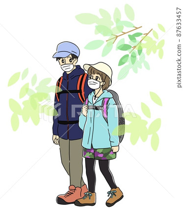 Men and women hiking with masks Men and women hiking with masks 87633457