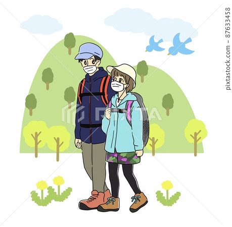 Men and women hiking with masks Men and women hiking with masks 87633458