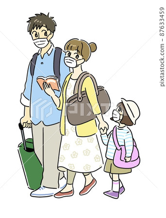 Family sightseeing wearing a mask while traveling that seems to be fun 87633459