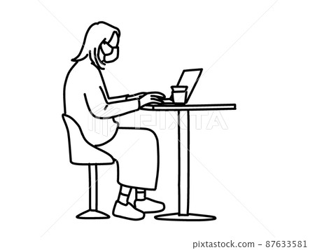 Line drawing illustration of a woman heading to a laptop at a cafe Line drawing illustration of a woman heading to a laptop at a cafe 87633581