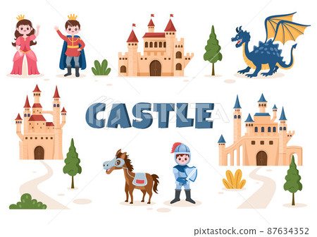 Castle with Prince, Queen and Knight Elements Collection, Majestic Palace Architecture in Cartoon Flat Style Illustration 87634352