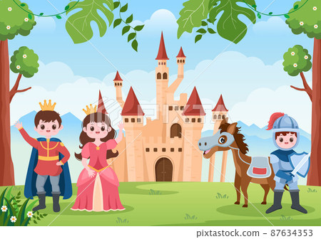 Prince, Queen and Knight with Horse in Front of the Castle with Majestic Palace Architecture and Fairytale Like Forest Scenery in Cartoon Flat Style Illustration Prince, Queen and Knight with Horse in Front of the Castle with Majestic Palace Architecture and Fairytale Like Forest Scenery in Cartoon Flat Style Illustration 87634353