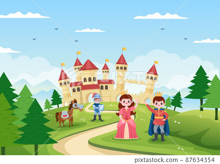 Prince, Queen and Knight with Horse in Front of the Castle with Majestic Palace Architecture and Fairytale Like Forest Scenery in Cartoon Flat Style Illustration 87634354