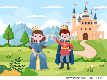 Prince and Queen in Front of the Castle with Majestic Palace Architecture and Fairytale Like Forest Scenery in Cartoon Flat Style Illustration 87634355