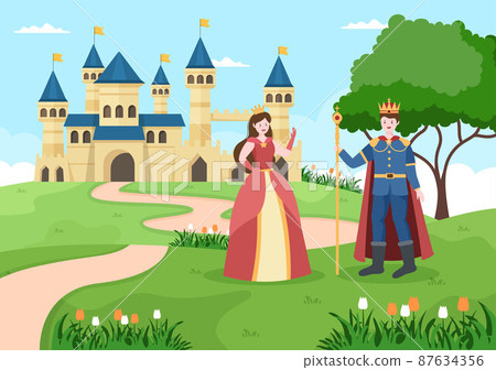 Prince and Queen in Front of the Castle with Majestic Palace Architecture and Fairytale Like Forest Scenery in Cartoon Flat Style Illustration Prince and Queen in Front of the Castle with Majestic Palace Architecture and Fairytale Like Forest Scenery in Cartoon Flat Style Illustration 87634356