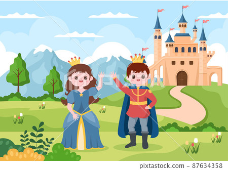 Prince and Queen in Front of the Castle with Majestic Palace Architecture and Fairytale Like Forest Scenery in Cartoon Flat Style Illustration Prince and Queen in Front of the Castle with Majestic Palace Architecture and Fairytale Like Forest Scenery in Cartoon Flat Style Illustration 87634358
