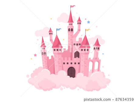 Castle with Majestic Palace Architecture and Fairytale Like Scenery in Cartoon Flat Style Illustration 87634359