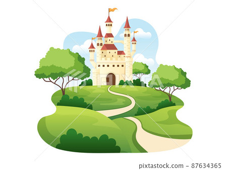 Castle with Majestic Palace Architecture and Fairytale Like Forest Scenery in Cartoon Flat Style Illustration 87634365