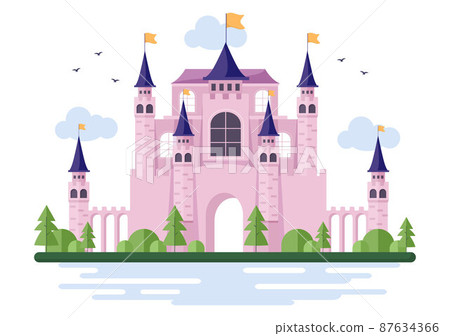 Castle with Majestic Palace Architecture and Fairytale Like Forest Scenery in Cartoon Flat Style Illustration 87634366