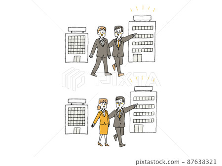 一組商人通過拉出一個滑稽的手寫人物矢量來改變工作，在線條圖上簡單著色 87638321