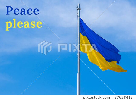 PEACE PLEASE text on Ukrainian national flag flutters in the wind against the blue sky. National symbol of ukrainian people - blue and yellow. No war. War Protest against Russian invasion of Ukraine. 87638412