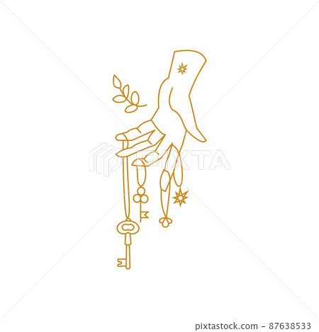 Hand holding magical amulets and key Outline illustration 87638533