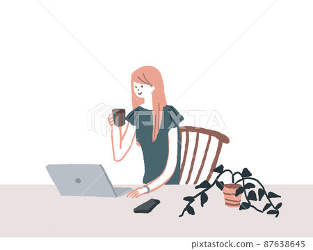 A woman sitting on a chair and holding a cup and a computer (sideways) A woman sitting on a chair and holding a cup and a computer (sideways) 87638645