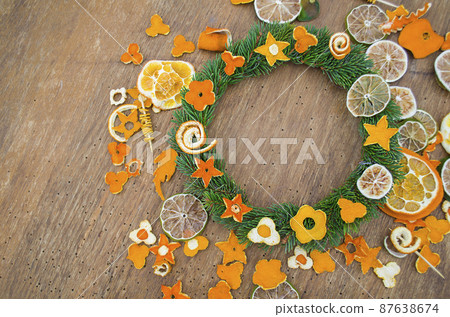 Christmas environmentally friendly gift decorations. Christmas wreath on a wood 87638674