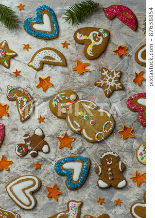Freshly baked Christmas cookies, candys, festive decorations 87638854