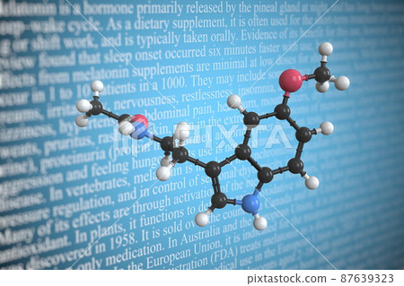 Molecular model of melatonin, 3D rendering Molecular model of melatonin, 3D rendering 87639323