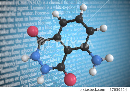 Molecular model of luminol, 3D rendering Molecular model of luminol, 3D rendering 87639324
