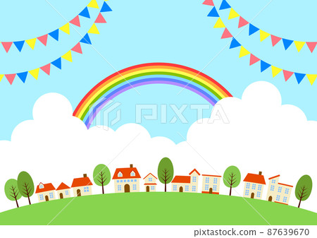 彩虹、積雨雲和旗城市景觀背景水平 87639670