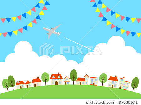 水平的飛機、積雨雲和旗子都市風景背景 87639671