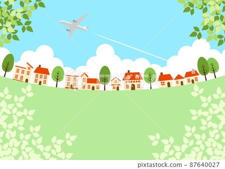 Fresh green, airplane and cumulonimbus cityscape background horizontal concave 87640027